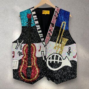 Vintage JC USA Jazzy Sequin Vest Unisex XL Multi Music Art Party Retro 90s Rare